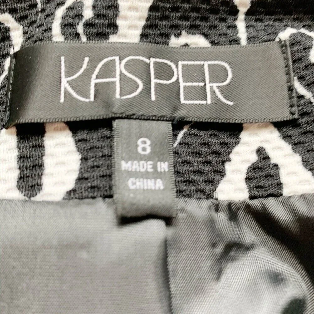 Kasper Suit Jacket Blazer Black & White Print‎ Open Front Women's Size 8